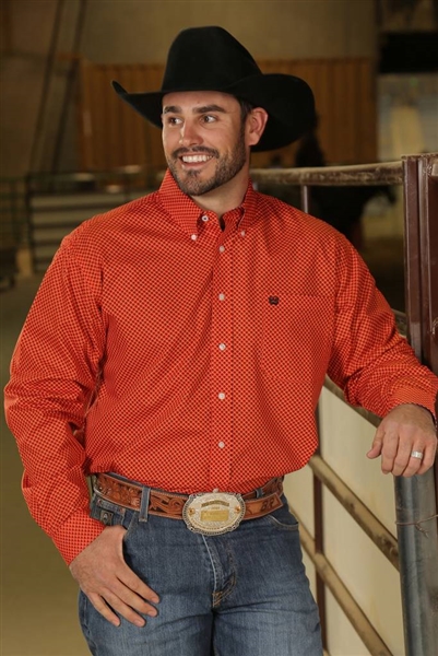 Mens Cinch® Long Sleeve Orange Geometric Print Shirt